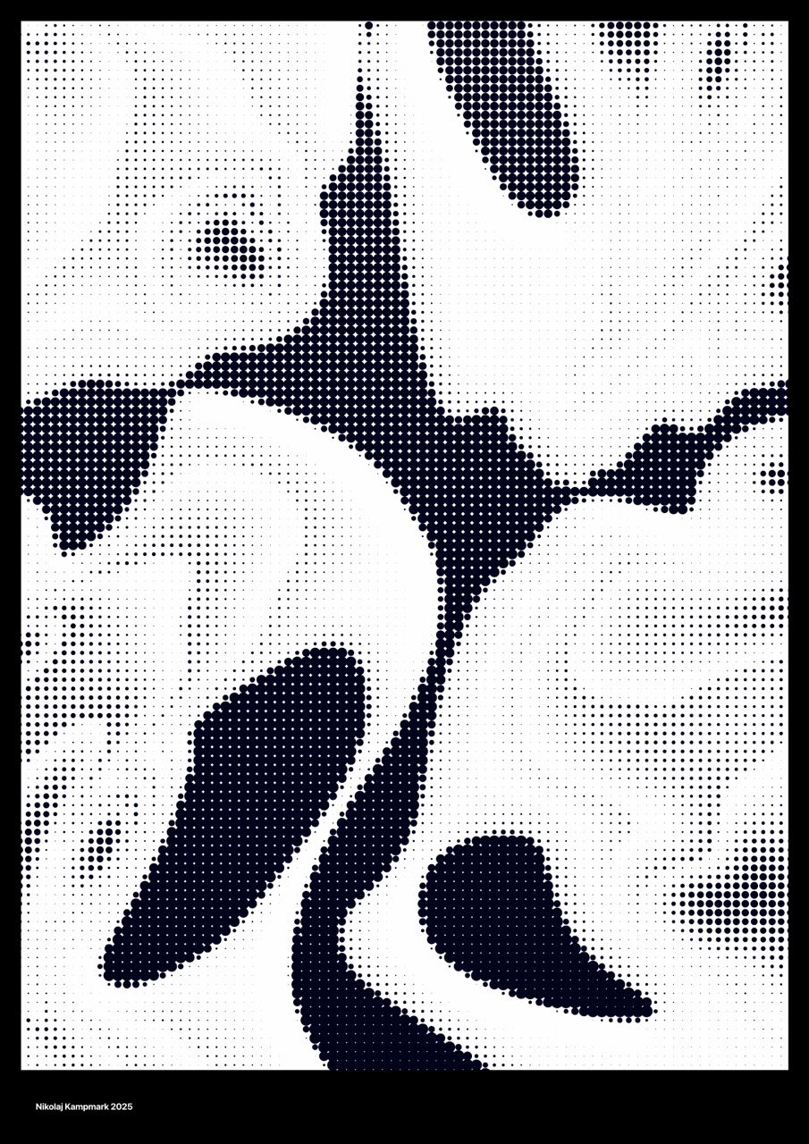 A black and white halftone style abstract floral pattern with stylized flowers and leaves.