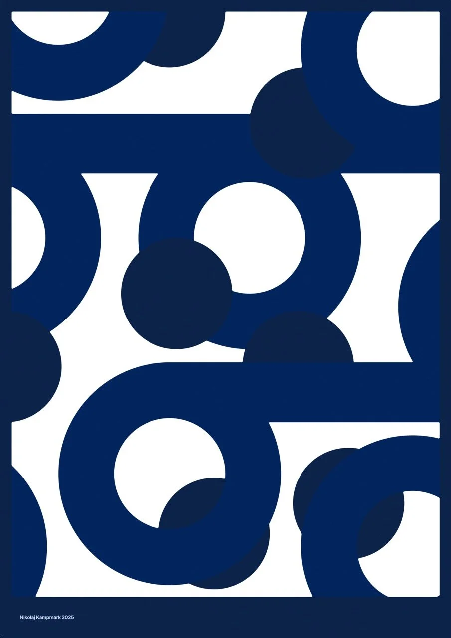 Abstract geometric pattern with blue and white circles and curved shapes.