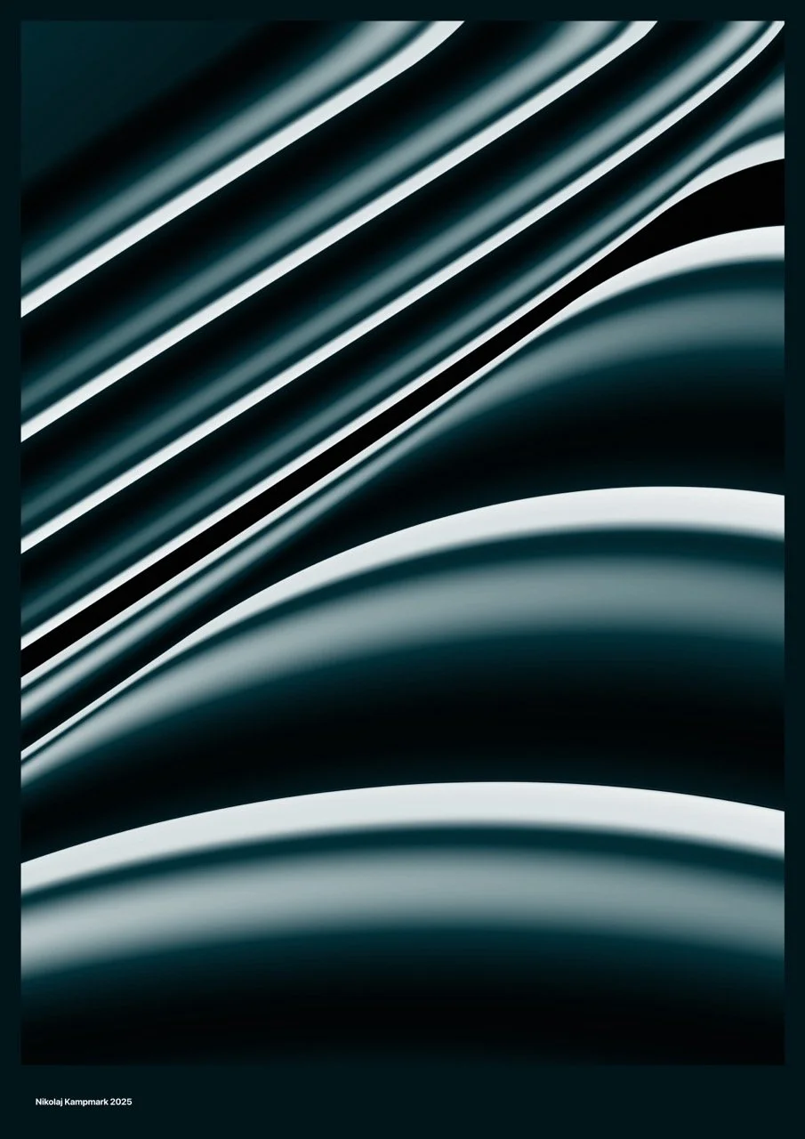 Close-up of stacked metallic or plastic sheets with curved and smooth surfaces, creating sleek lines and shadows.