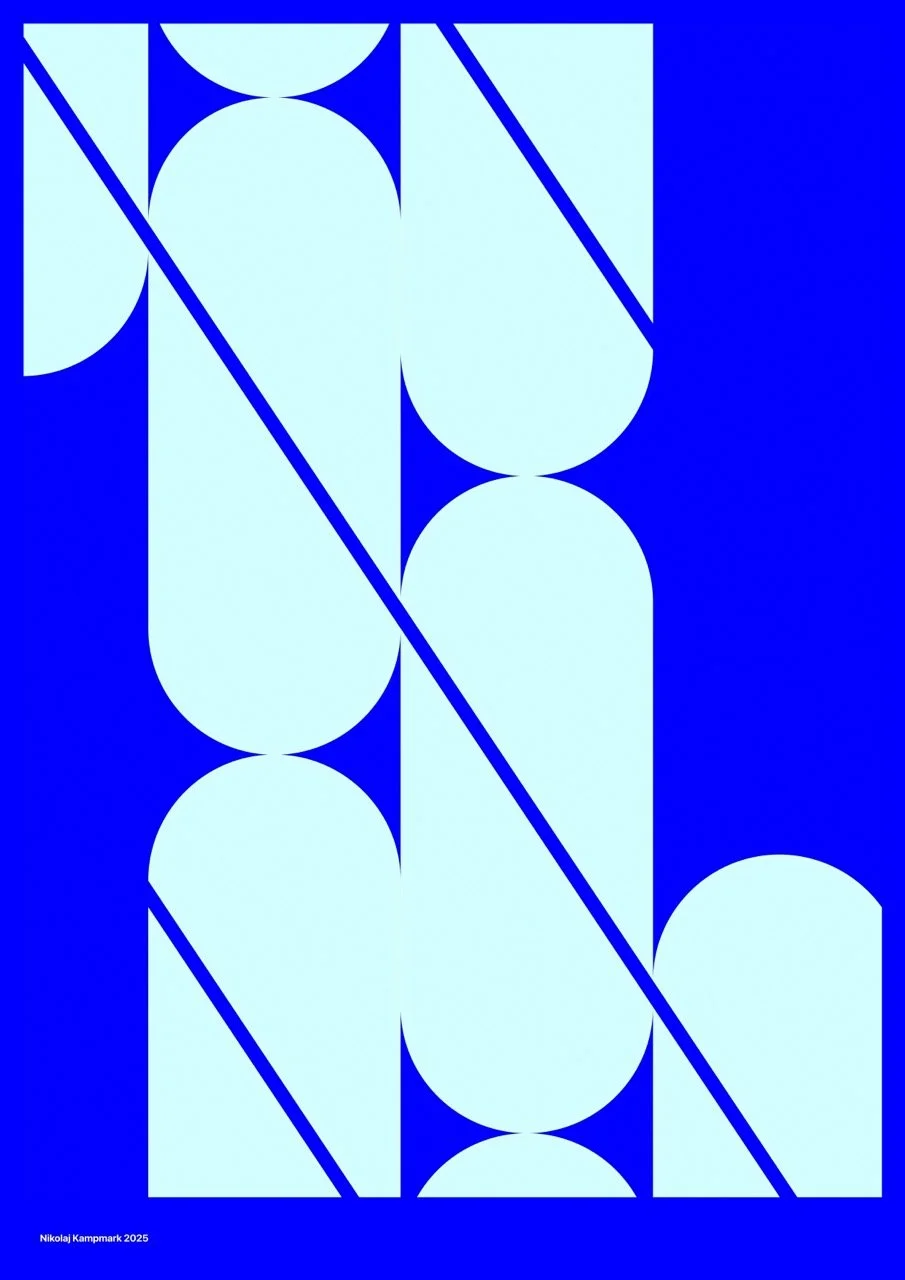 Abstract geometric pattern with light blue shapes against a dark blue background. The shapes include semicircles, rectangles, and diagonal lines.