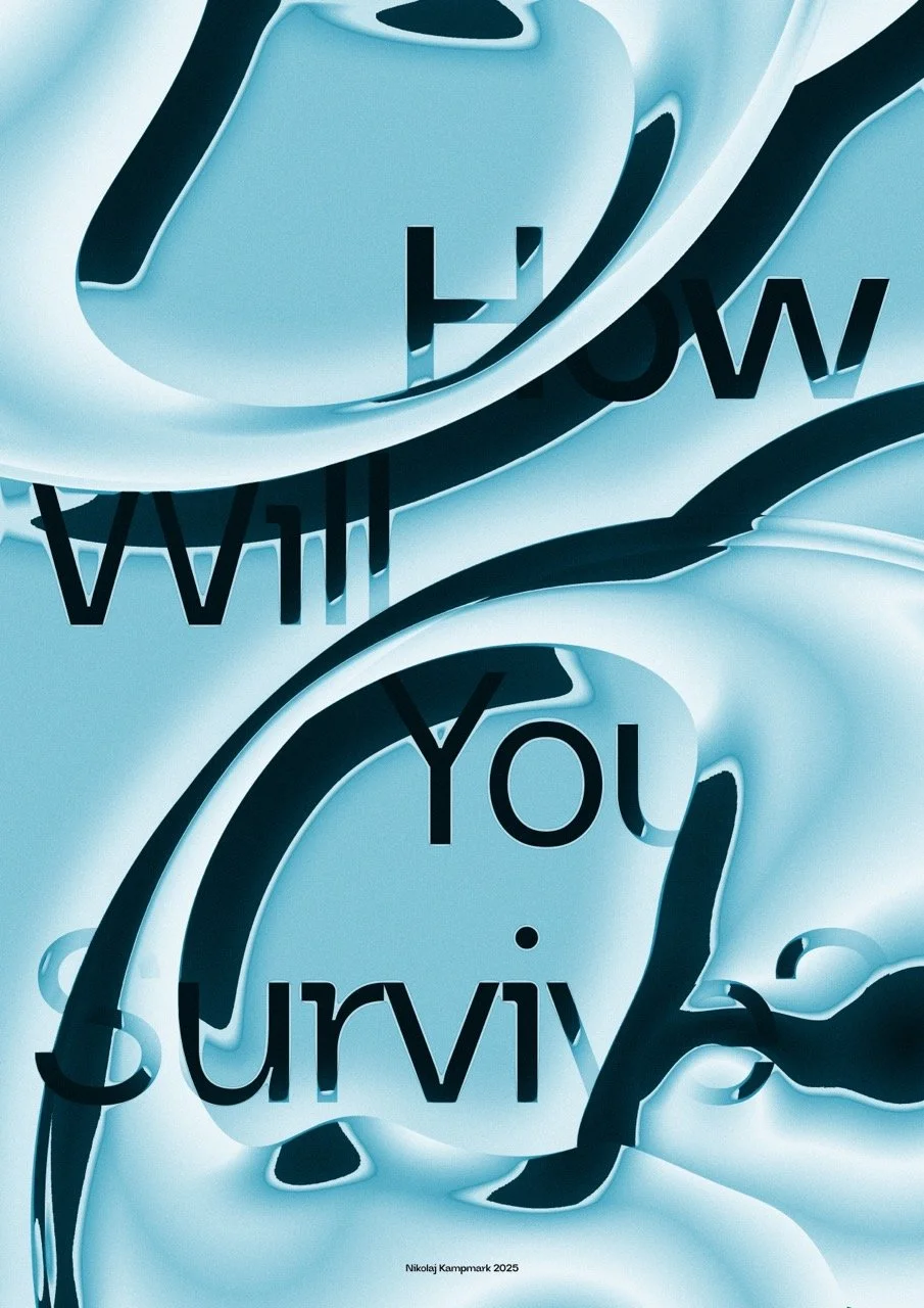Abstract digital artwork with the words "How will You survive" in black font on a blue and white swirling background.
