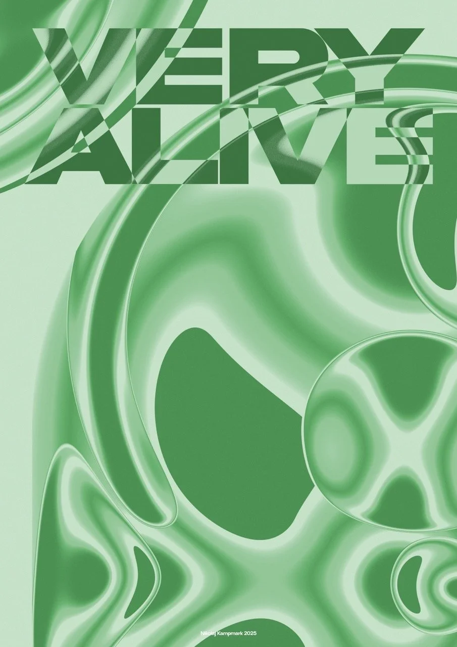 Green abstract artwork with the text 'WISHES ARE ALIVE' in bold, stylized letters at the top, accompanied by swirling, fluid shapes and patterns.