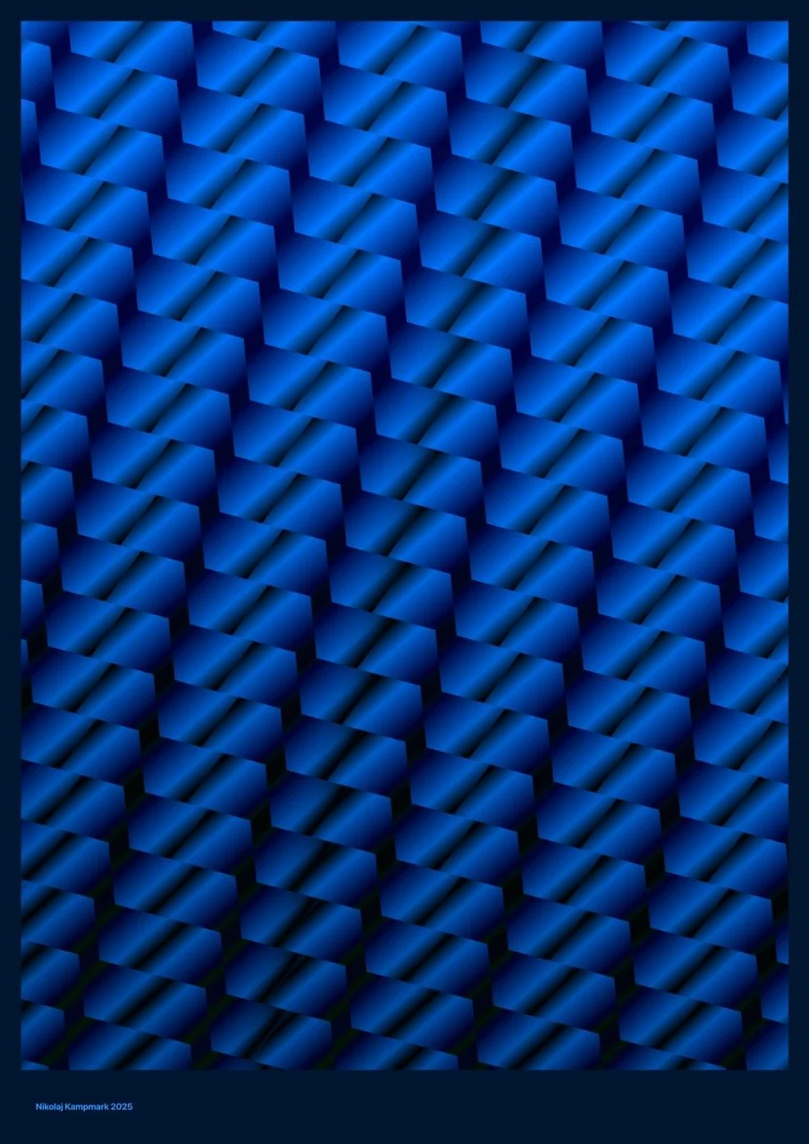 A digital art pattern of repeating blue and black 3D cubes creating an optical illusion.