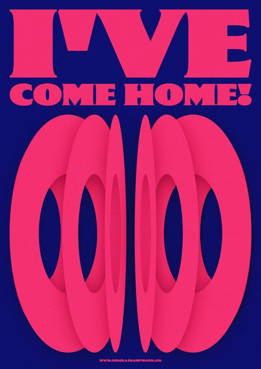 Pink and blue poster with the words 'LOVE COME HOME!' and a large, stylized number '600' in pink.