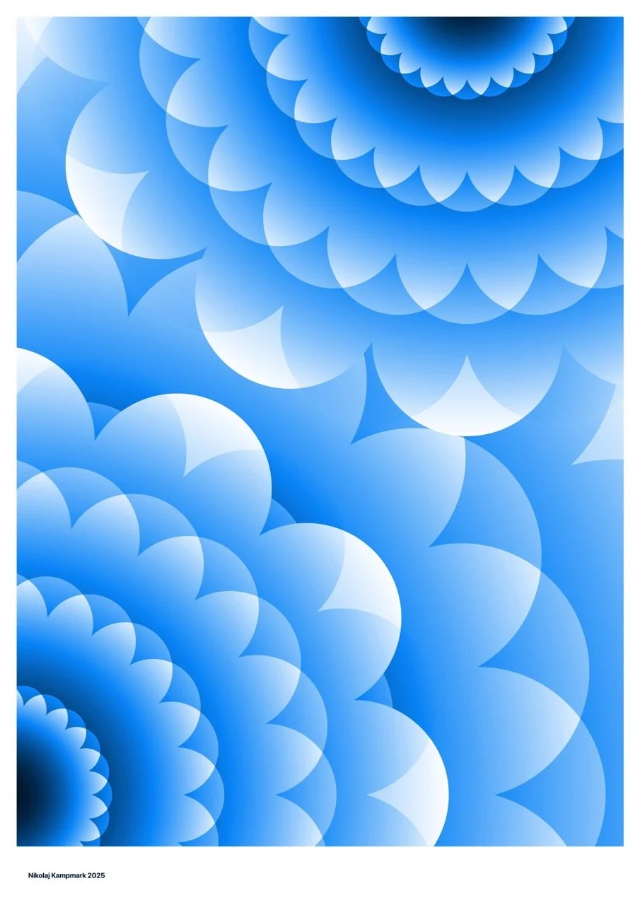 Abstract blue and white circular pattern with gradient shading creating a fractal-like design