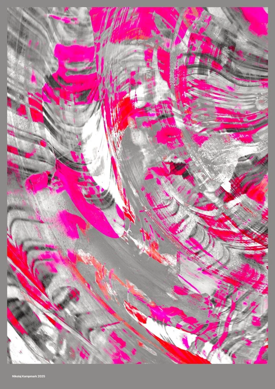 Abstract digital art with swirling gray, white, and vibrant pink and red streaks and patches.