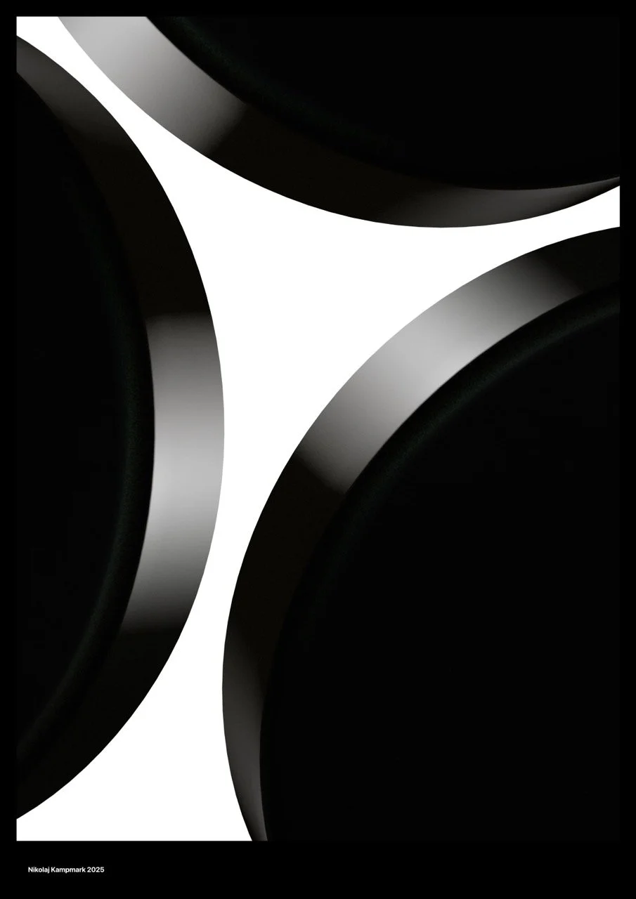 Abstract black and white geometric design with curved shapes and shadows, featuring the artist's name, Nikolaj Kampmark, and the year 2025.