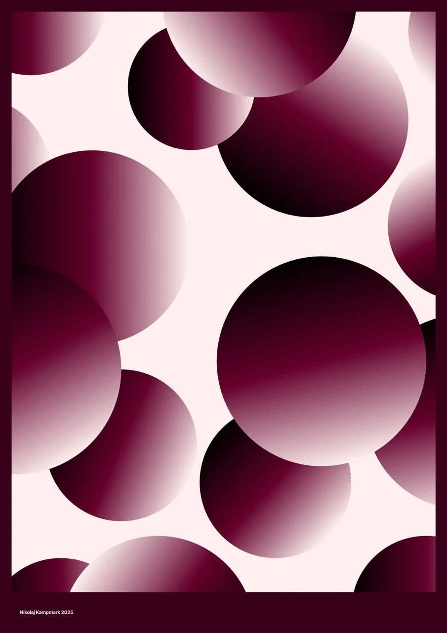 Abstract artwork of overlapping circles in shades of burgundy, pink, and black on a white background.
