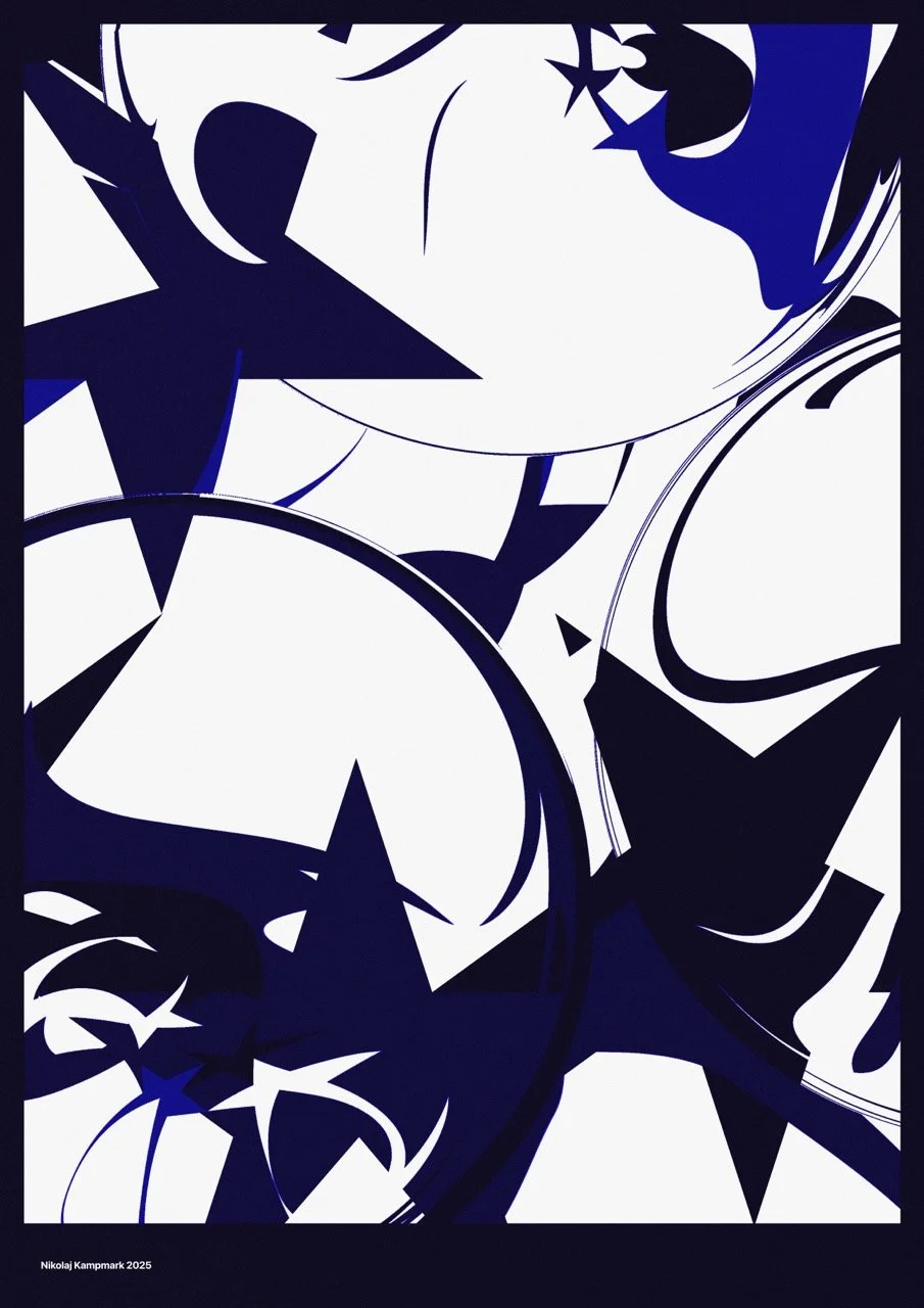Abstract digital art with black, white, and dark blue shapes, sharp lines, and star-like figures.