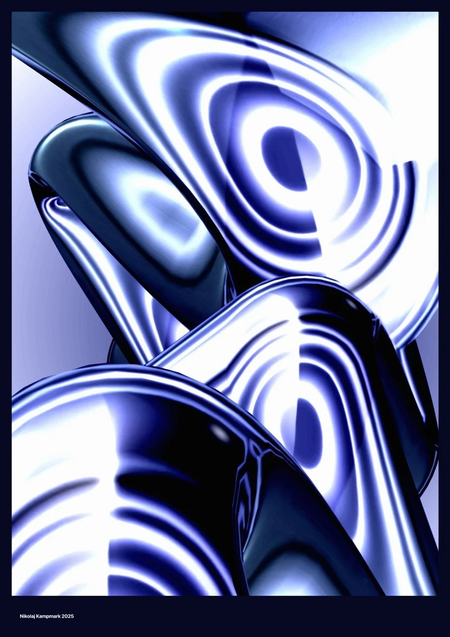 Abstract digital artwork featuring luminous blue and white concentric circles and curved lines on a dark background.