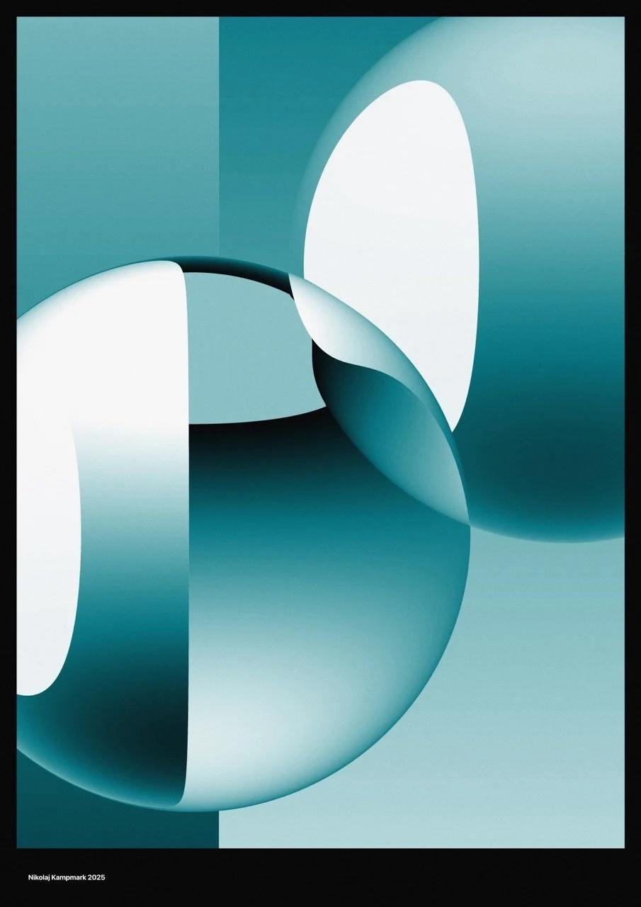 Abstract digital artwork featuring curved shapes and gradients in shades of blue, teal, and white with the artist's name and date in the bottom left corner.