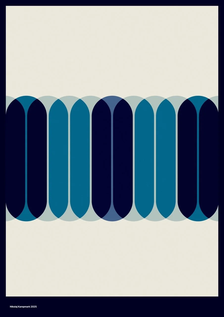 Abstract pattern with overlapping oval shapes in shades of blue against a beige background, with a dark border.