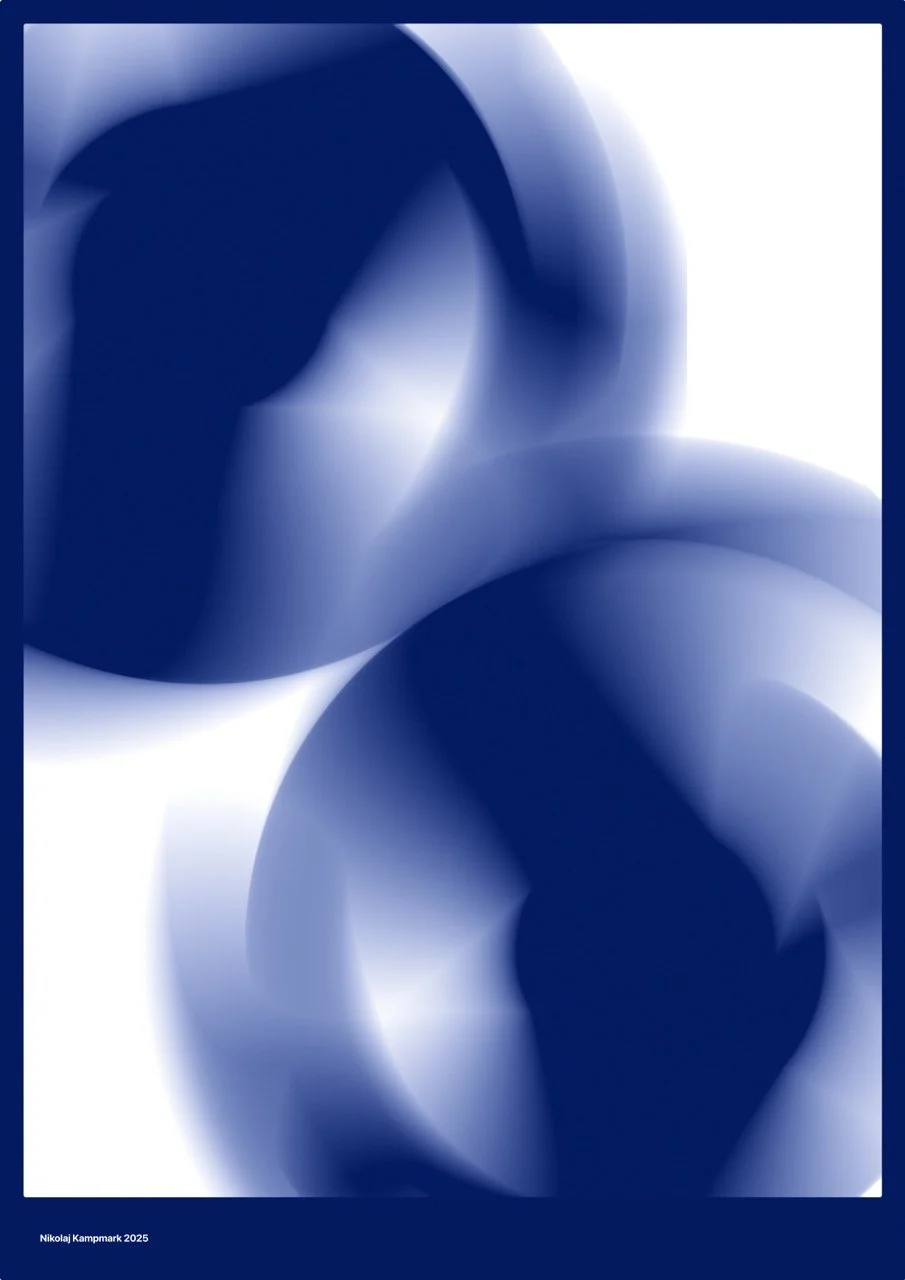 Abstract blue and white swirling shapes with smooth gradients.