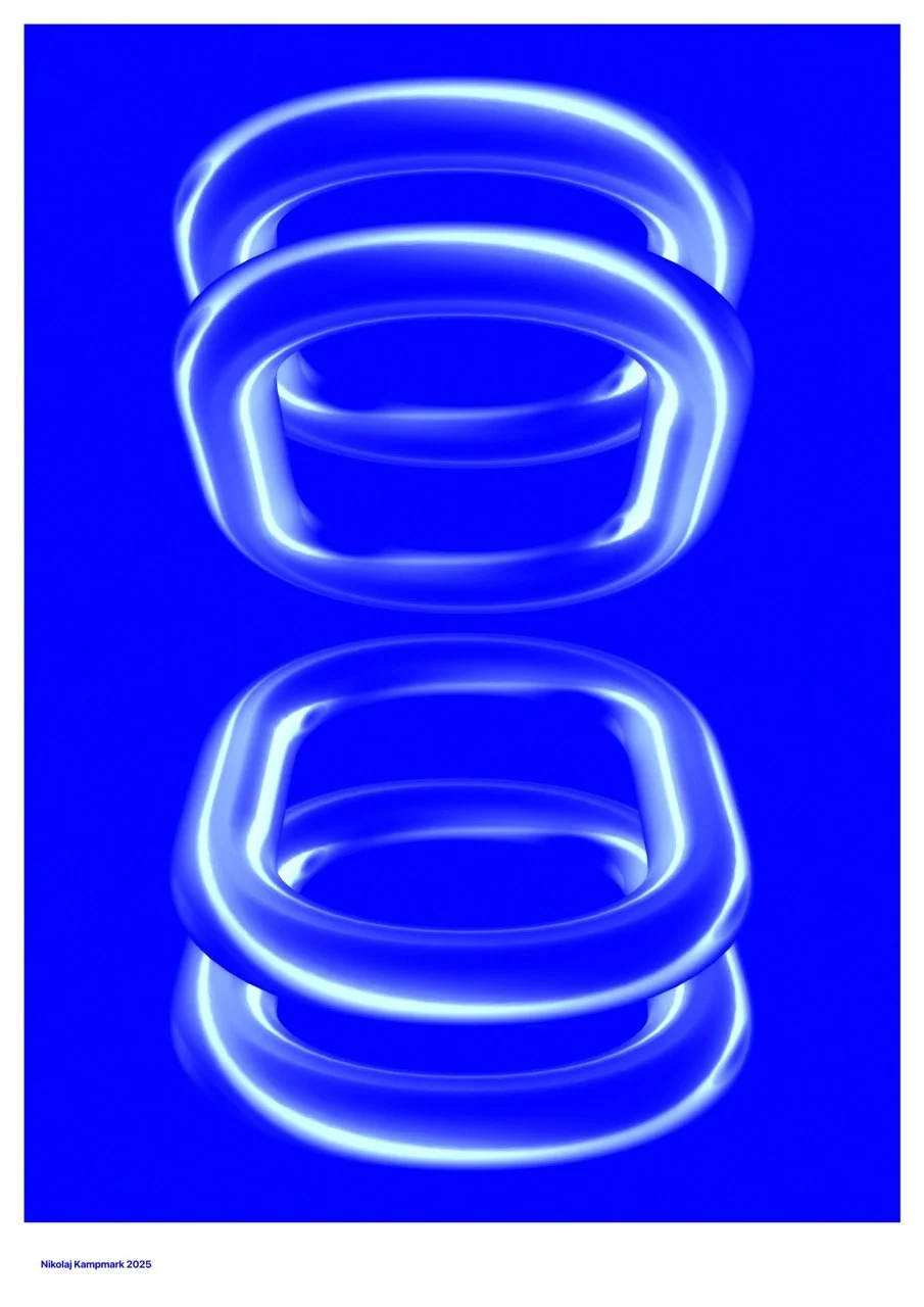 Three neon light rings glowing blue arranged vertically against a matching blue background with their reflections below.