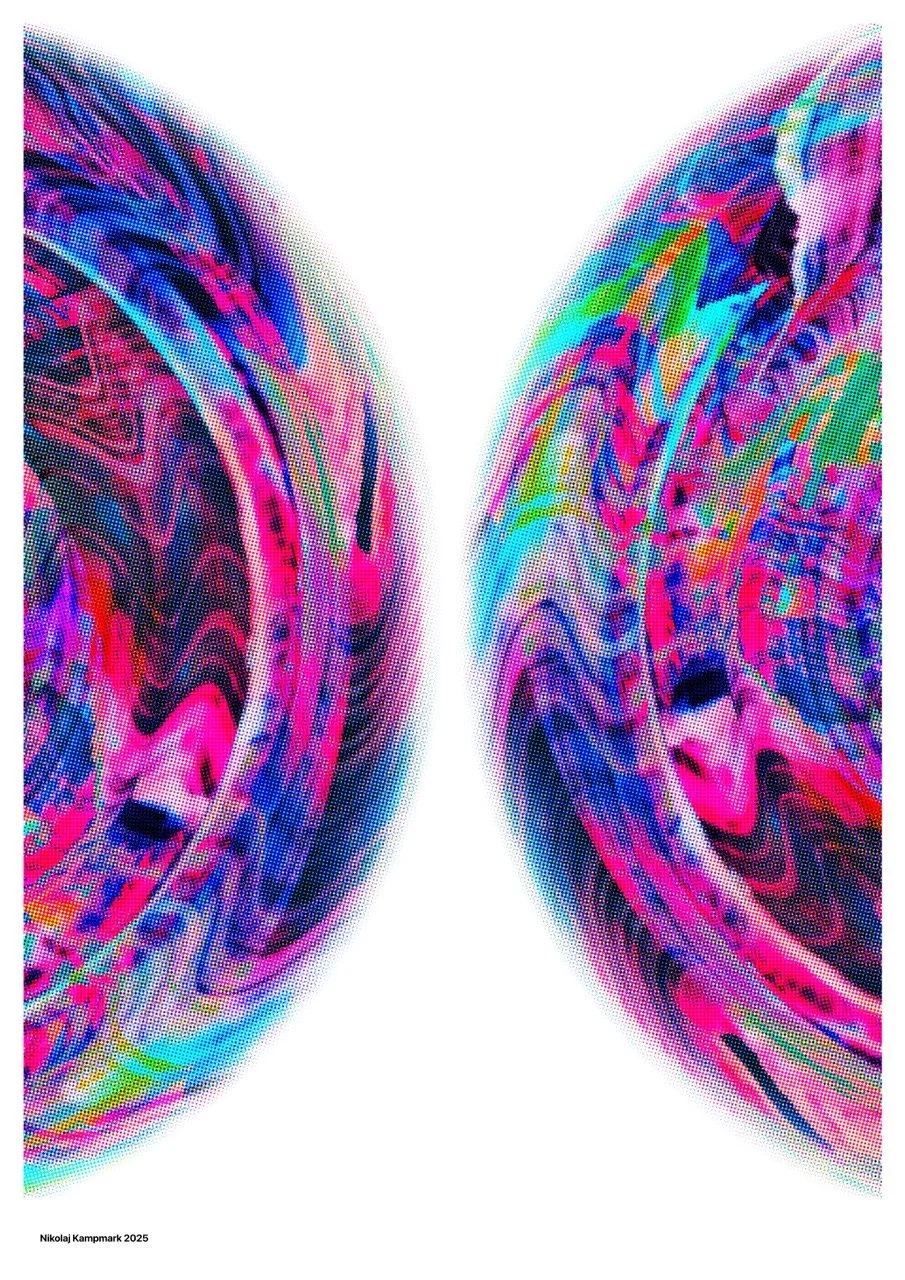 Digital artwork with vibrant, swirling, abstract patterns in pink, blue, purple, and green on either side of a white background.