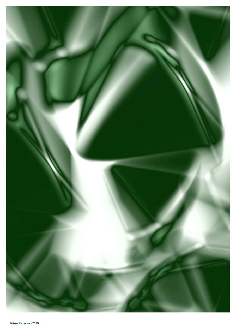 Abstract green and white swirling design with blurred, shiny, ribbon-like patterns.