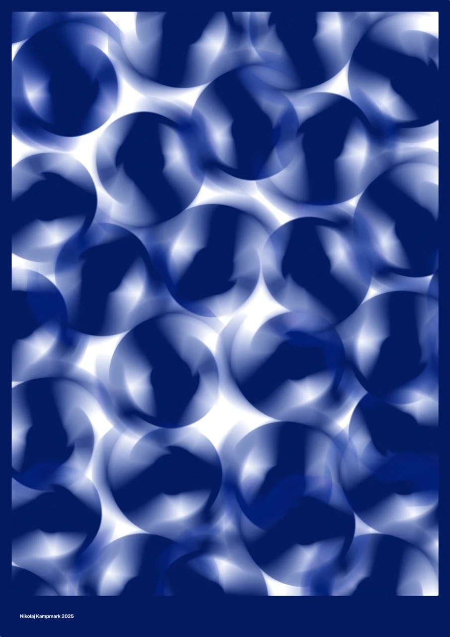 Abstract artwork featuring overlapping dark blue circles with lighter blue highlights on a black background.