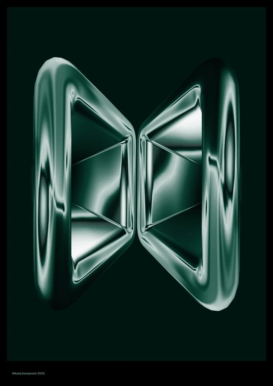 Digital illustration of a metallic, abstract, symmetrical shape resembling an open box or vault, with reflective surfaces and a dark green background.