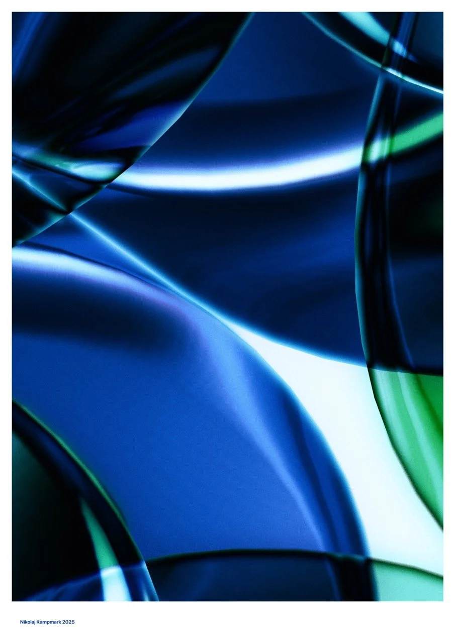 Abstract image with flowing, curved lines in shades of blue, green, and black, resembling colored glass or light streaks.