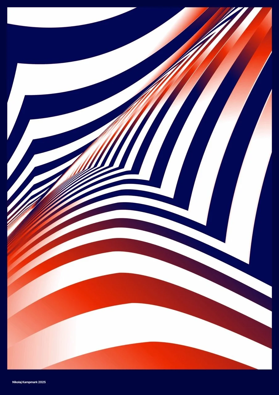 An abstract digital artwork featuring wavy, curved lines in red, white, and blue, creating a dynamic, optical illusion-like pattern.