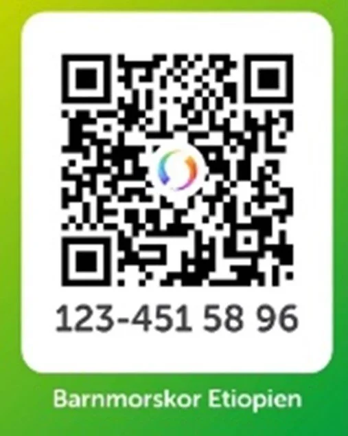 QR-kod med texten "Barnmorskor Etiopien" och ett telefonnummer 123-451 58 96 på en grön bakgrund.