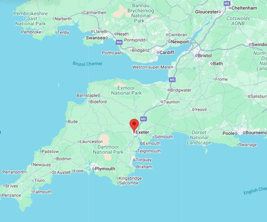 Map of southern England, showing cities such as Exeter, Plymouth, and Bristol, with regional parks like Dartmoor and Exmoor National Parks.