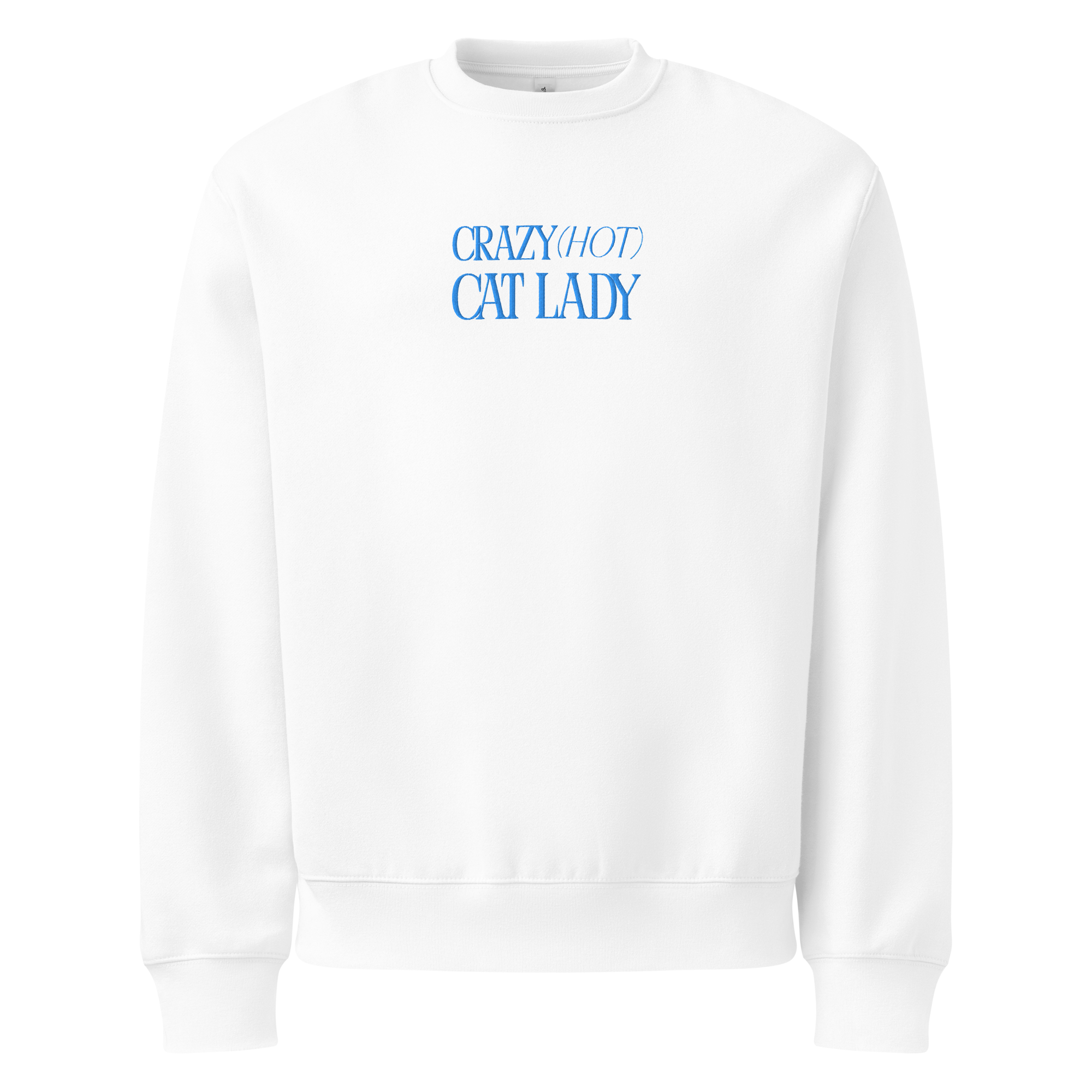 Crazy Hot Cat Lady Oversized Sweatshirt - Embroidered Aqua Blue Letters - Large Center