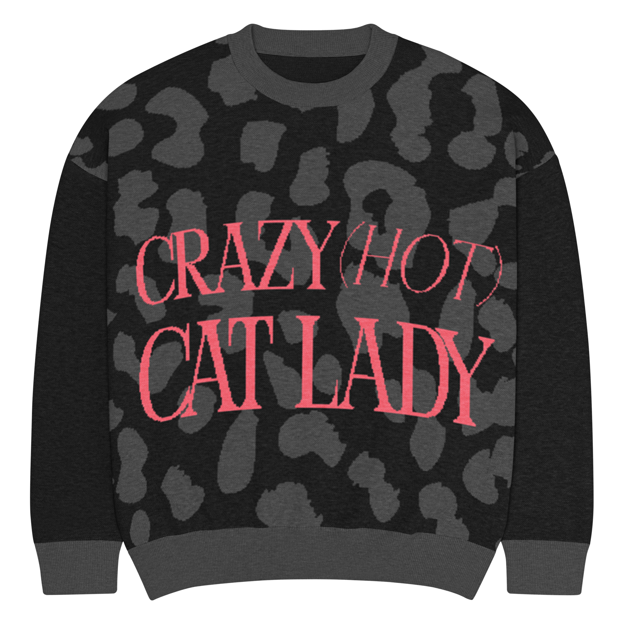 Crazy Hot Cat Lady Relaxed Fit Knitted Crew Neck Sweater Cardigan Pink Lettering