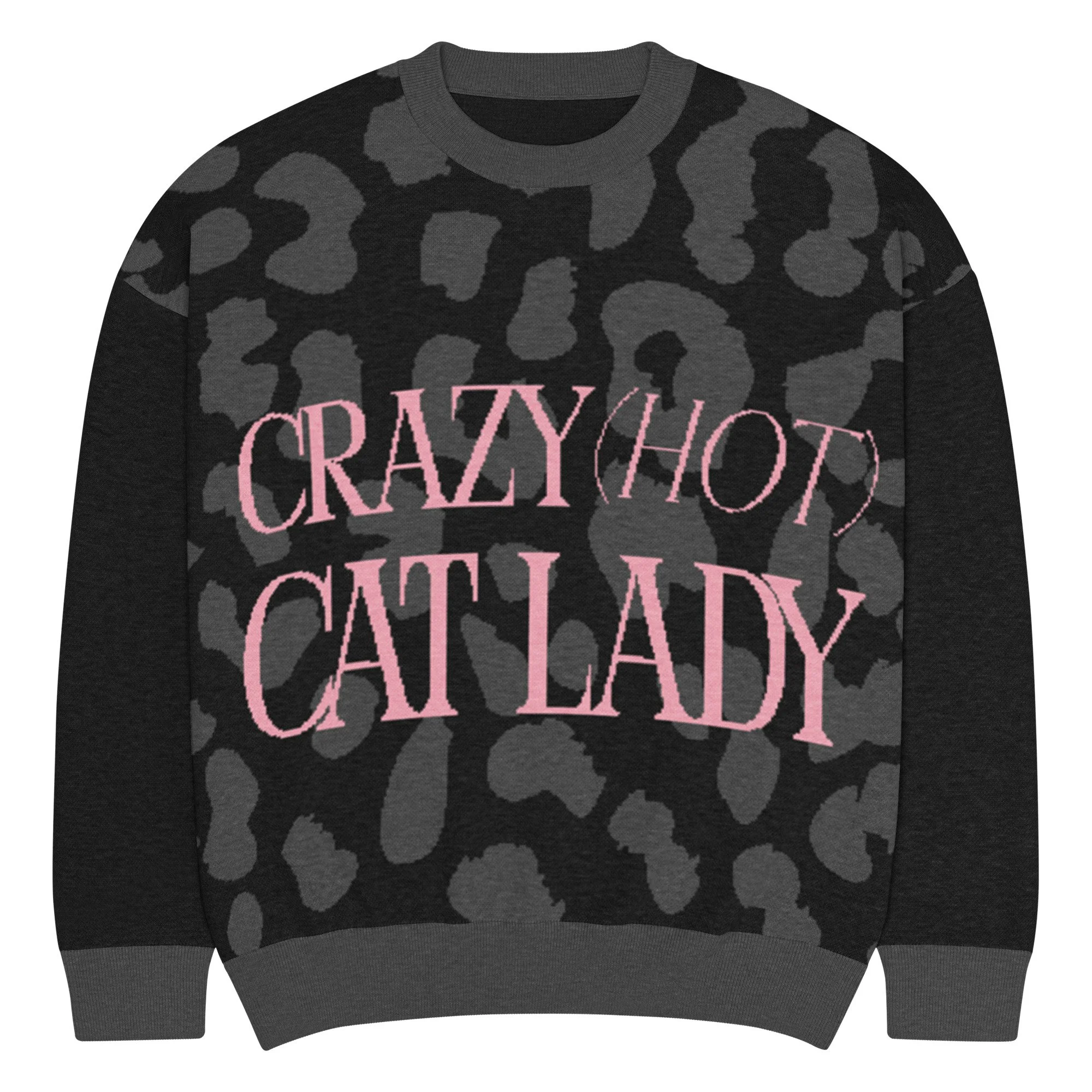 Crazy Hot Cat Lady Relaxed Fit Knitted Crew Neck Sweater Cardigan Baby Pink Lettering