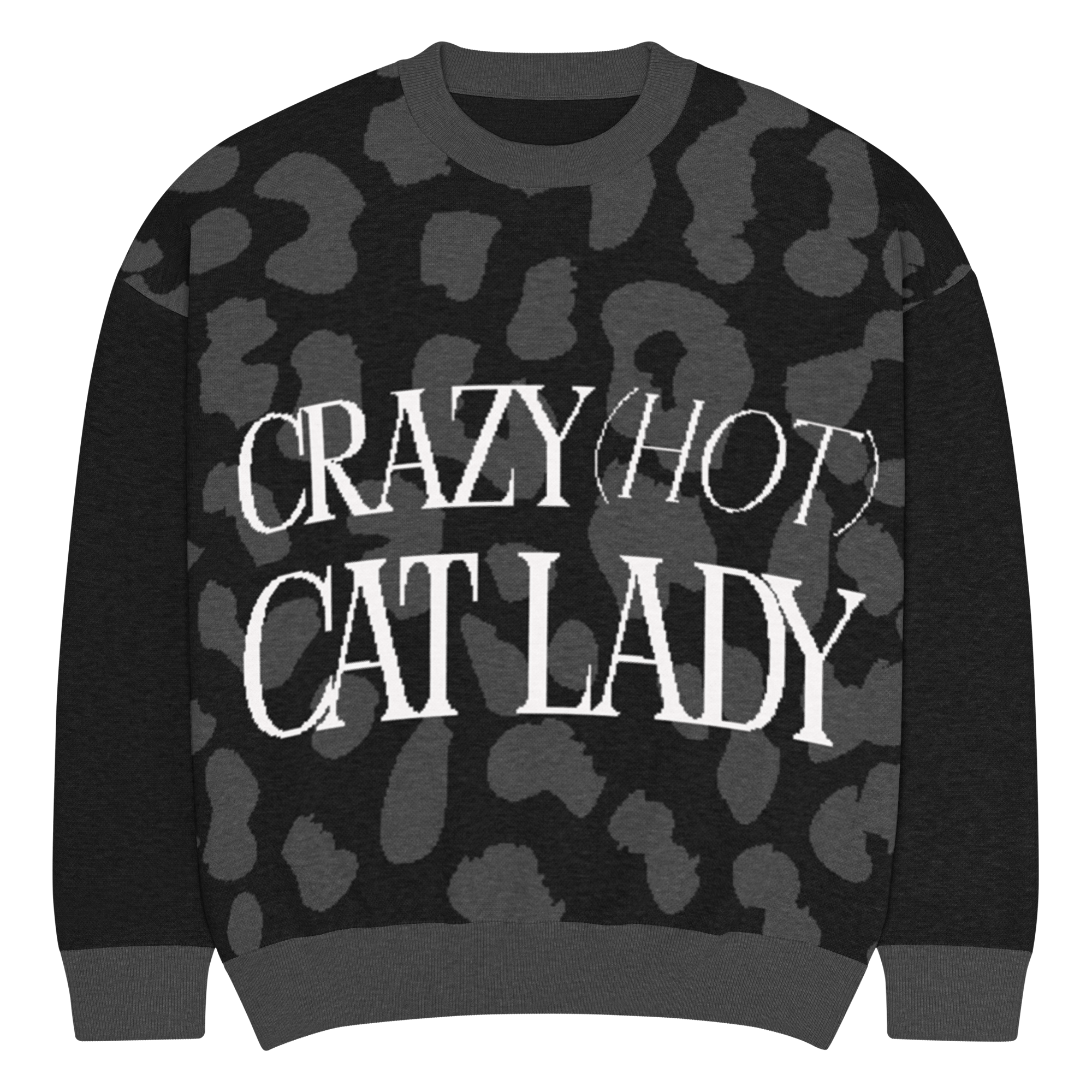 Crazy Hot Cat Lady Relaxed Fit Knitted Crew Neck Sweater Cardigan White Lettering