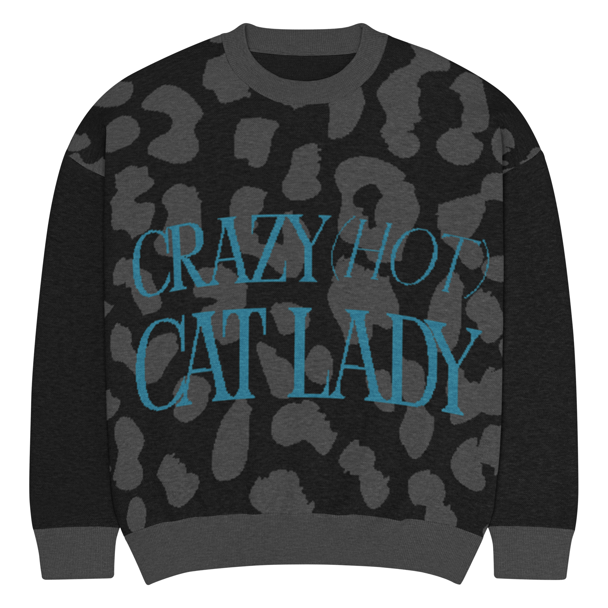 Crazy Hot Cat Lady Relaxed Fit Knitted Crew Neck Sweater Cardigan Blue Lettering