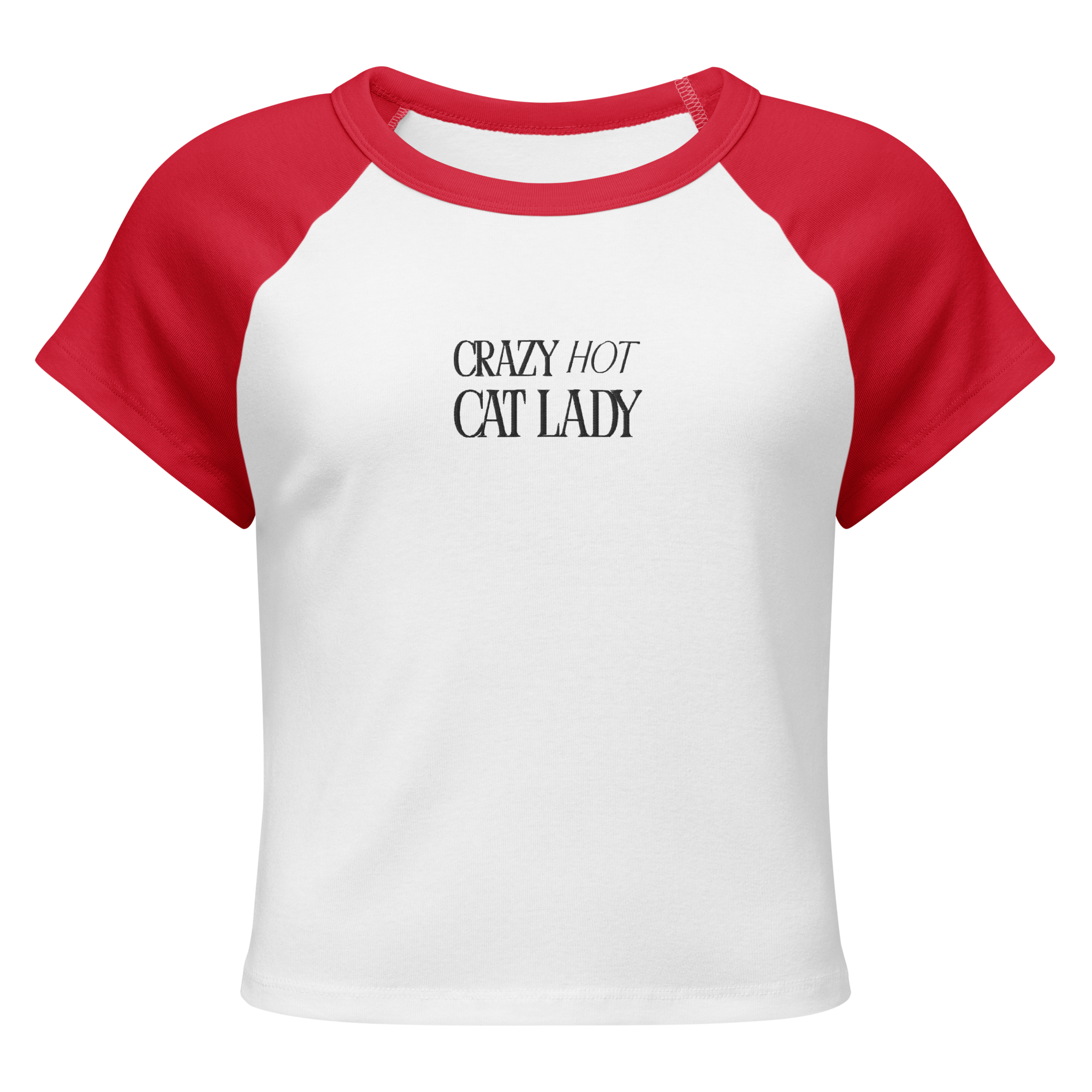 Crazy Hot Cat Lady Baseball Tee Crop Top - Black Embroidered Lettering
