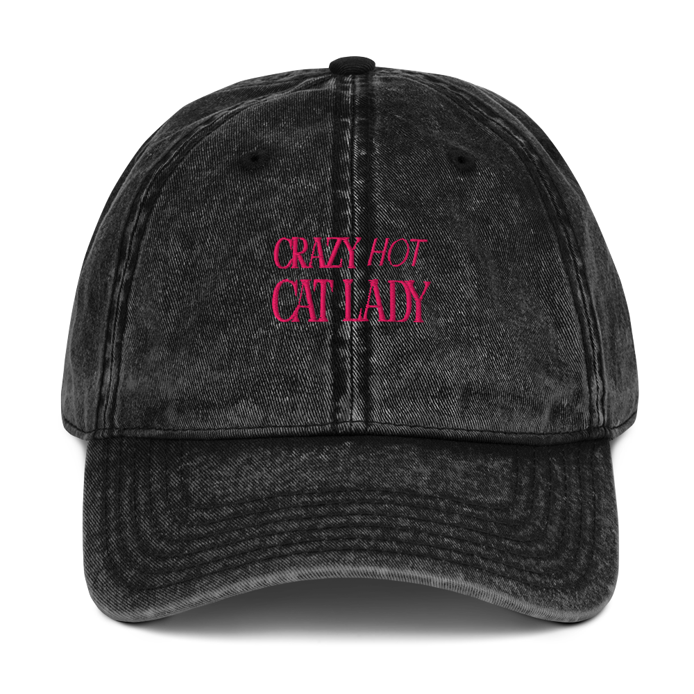 Crazy Hot Cat Lady Vintage Embroidered Bubble Letter Dad Cap - Black with Hot Pink Lettering