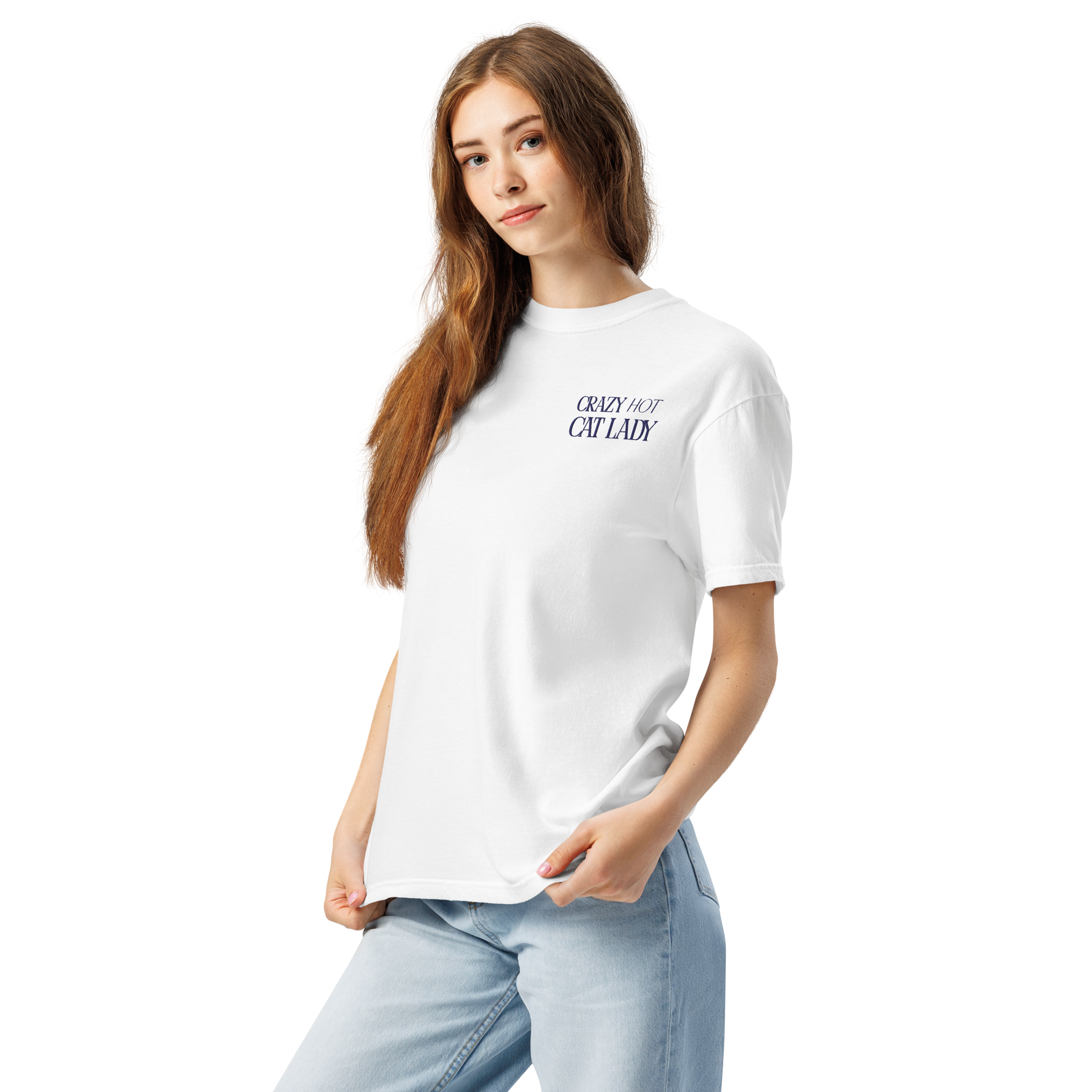 Crazy Hot Cat Lady Oversized Heavyweight Tee - Embroidered Navy Blue Lettering - Left Chest