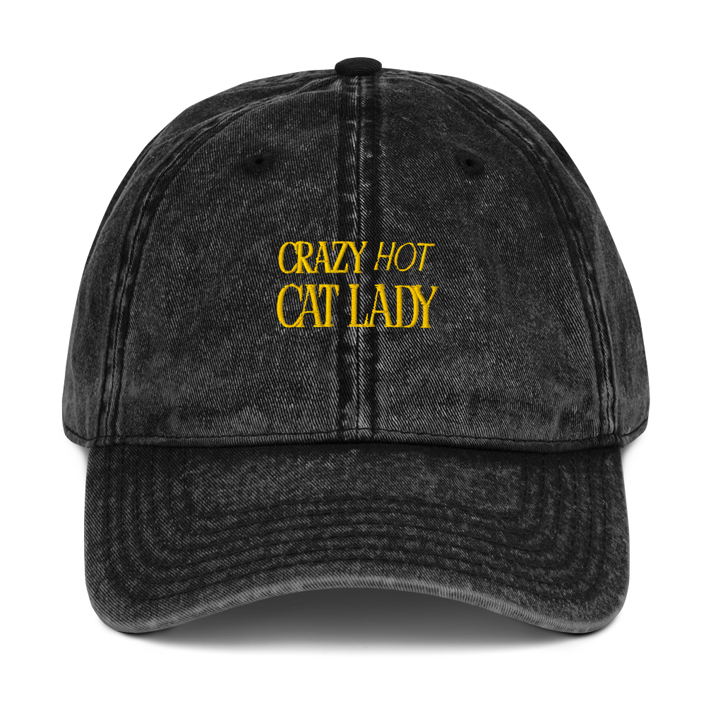 Crazy Hot Cat Lady Vintage Embroidered Bubble Letter Dad Cap - Black with Yellow Lettering