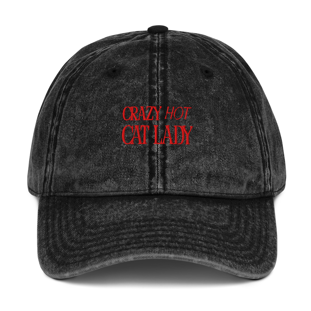Crazy Hot Cat Lady Vintage Embroidered Bubble Letter Dad Cap - Black with Red Lettering