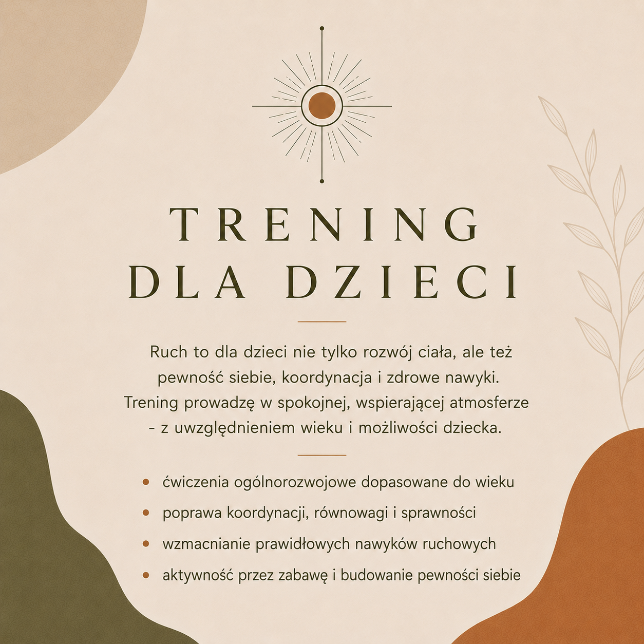 A poster titled 'Training for Children' in Polish, with a decorative sun icon and text about physical activity and development for kids, including exercises, coordination, and confidence building.
