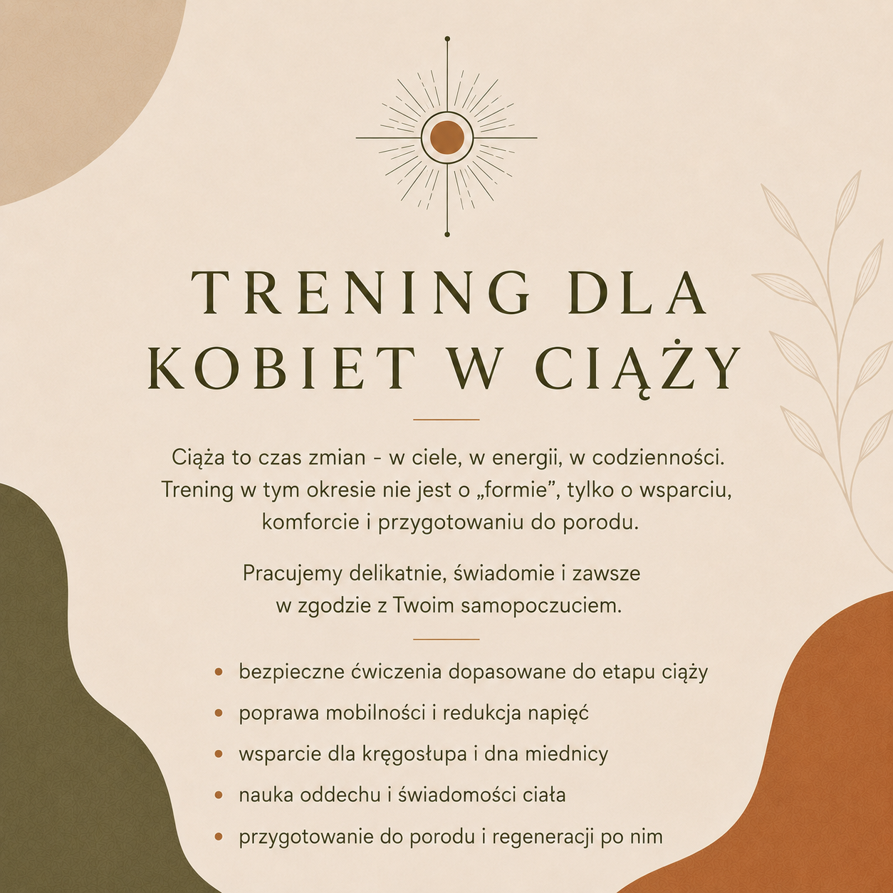 A poster in Polish for prenatal training for women during pregnancy. The poster emphasizes support, comfort, and safety exercises tailored for pregnancy.