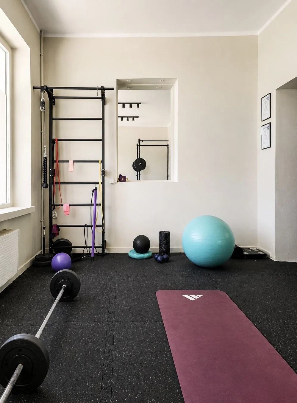 Home gym with weights, exercise balls, resistance bands, a yoga mat, and workout equipment.