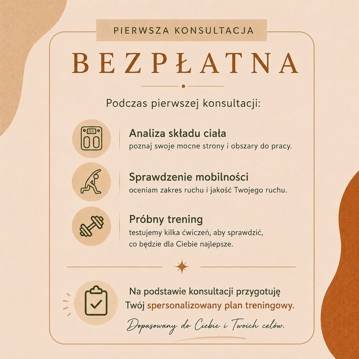 A poster in Polish advertising free first consultation of a fitness or health assessment, including body composition analysis, mobility check, and trial training, with the promise of a personalized training plan.