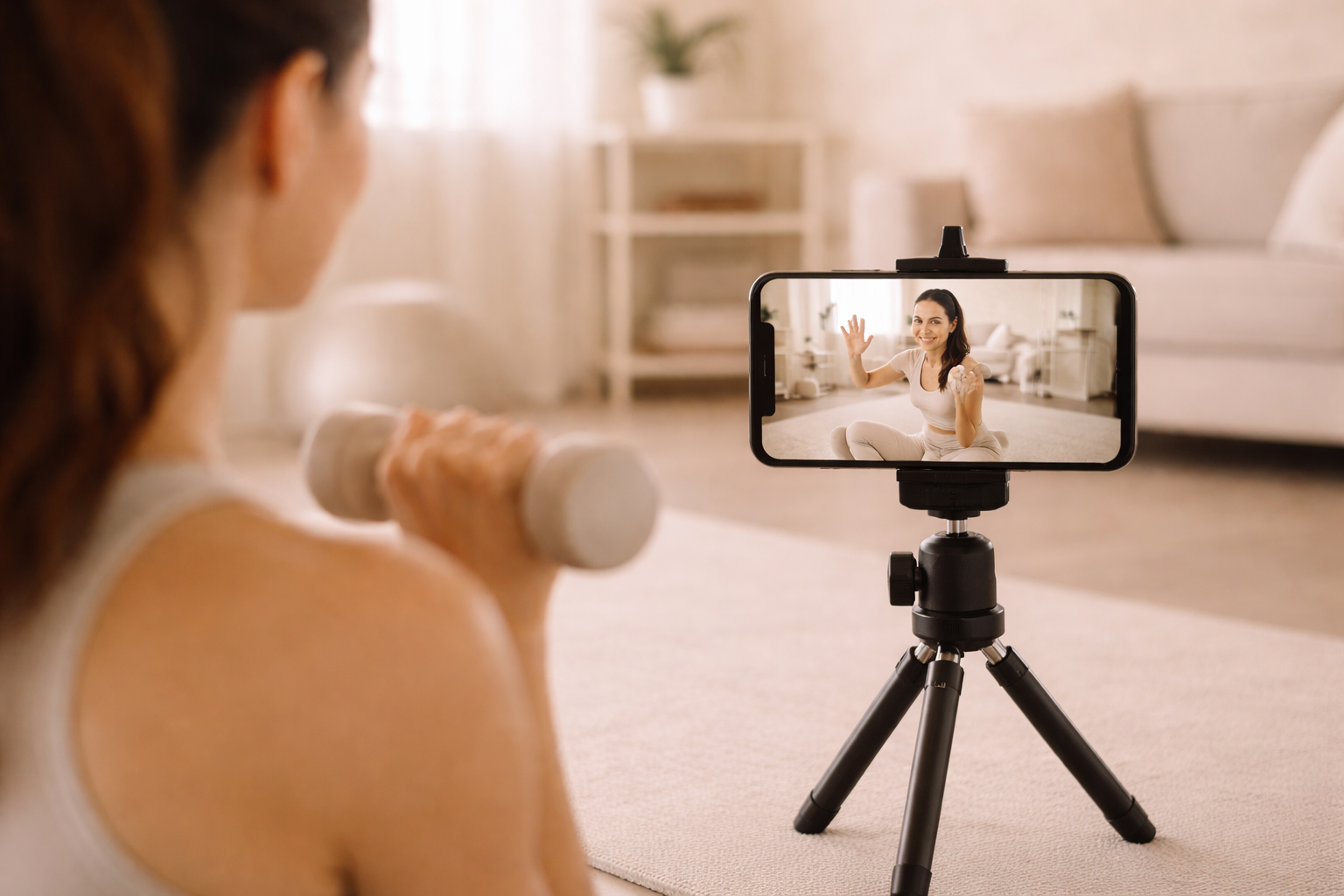 A woman doing a workout with a dumbbell while recording herself with a smartphone on a tripod in a bright living room.