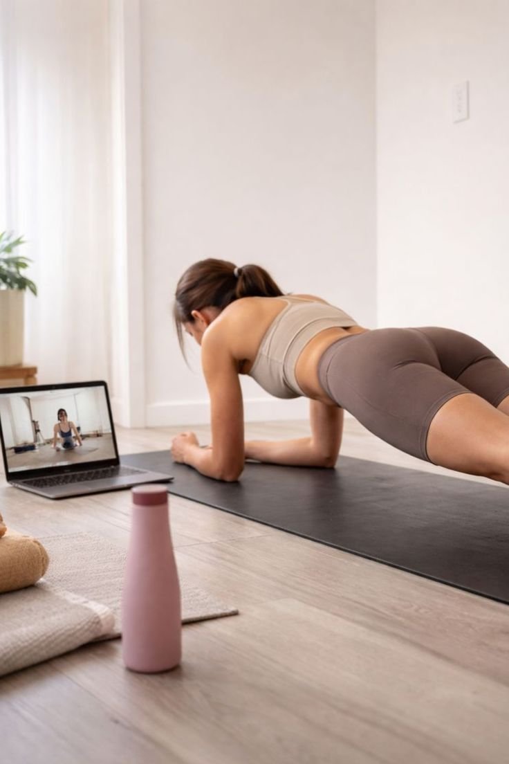 Woman doing a plank exercise on a yoga mat while watching an online workout class on her laptop in a bright room.