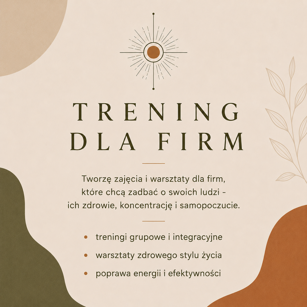 A promotional poster for a training program focused on health and wellness for companies, featuring group and integrative training, healthy lifestyle workshops, and energy and efficiency improvement.