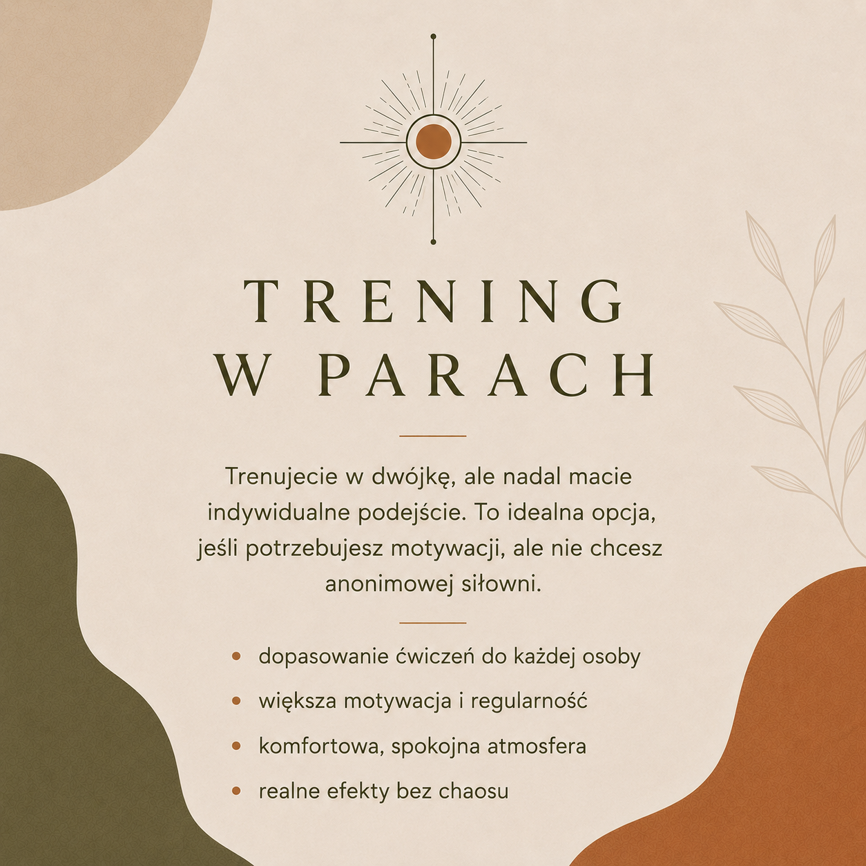 Poster advertising personal training in a jungle setting, with a compass symbol at the top and decorative elements on the sides. The text offers info about individual training, motivation, and a peaceful atmosphere.