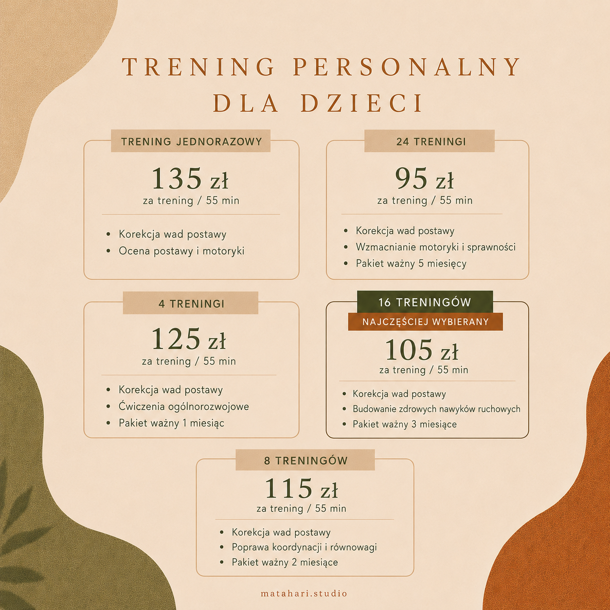 A flyer in Polish offering personal training packages for children, with prices, durations, and details about each training option.