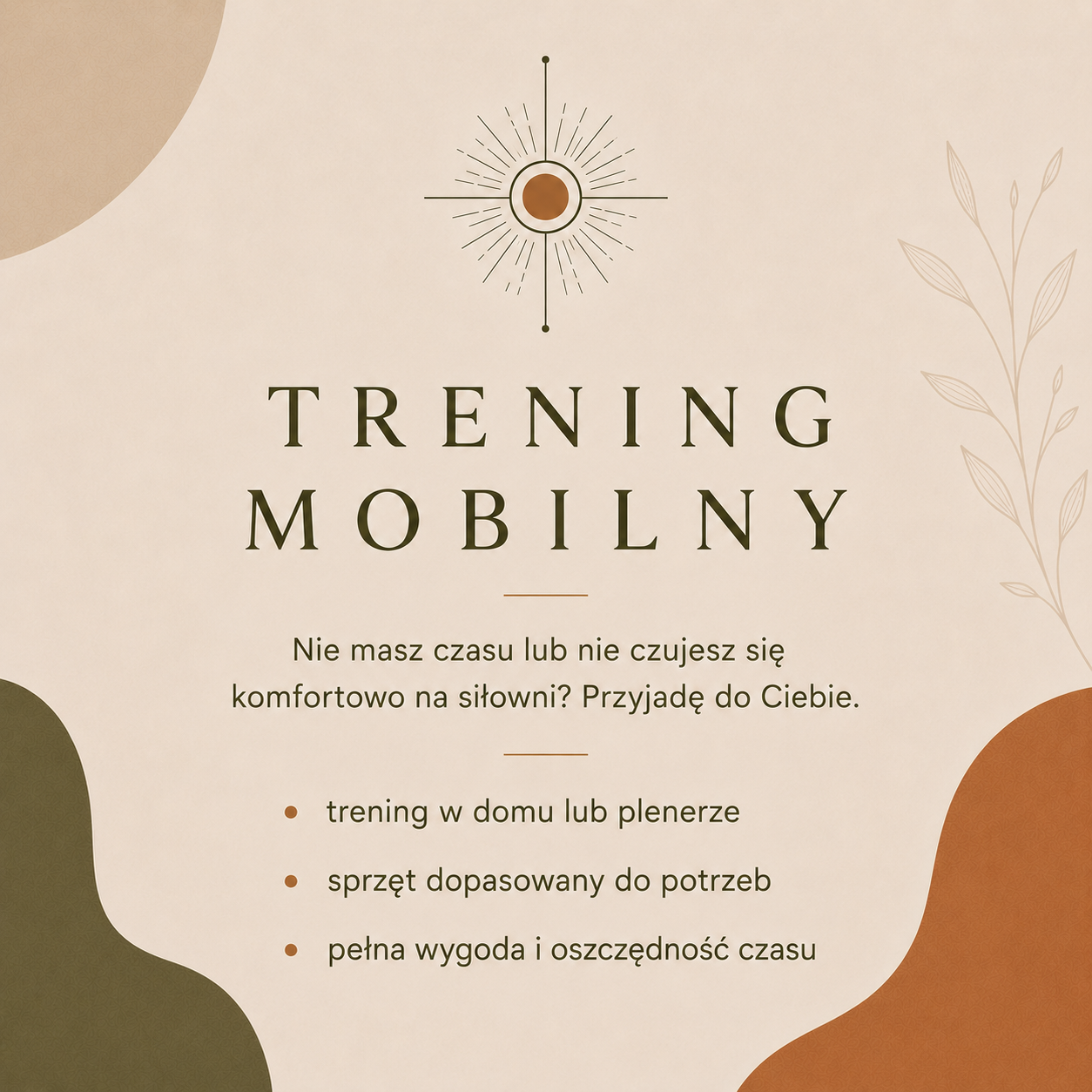 A promotional poster for mobile training. It features a stylized sun graphic at the top center, with text in Polish advertising a flexible fitness training service that can be done at home or outdoors, with tailored equipment, promising convenience a