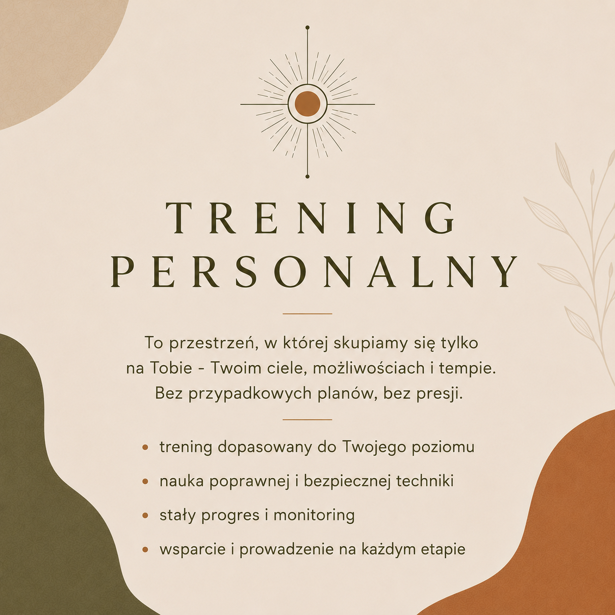 Poster for personal training, featuring a compass icon at the top and text in Polish about customized and safe fitness training.