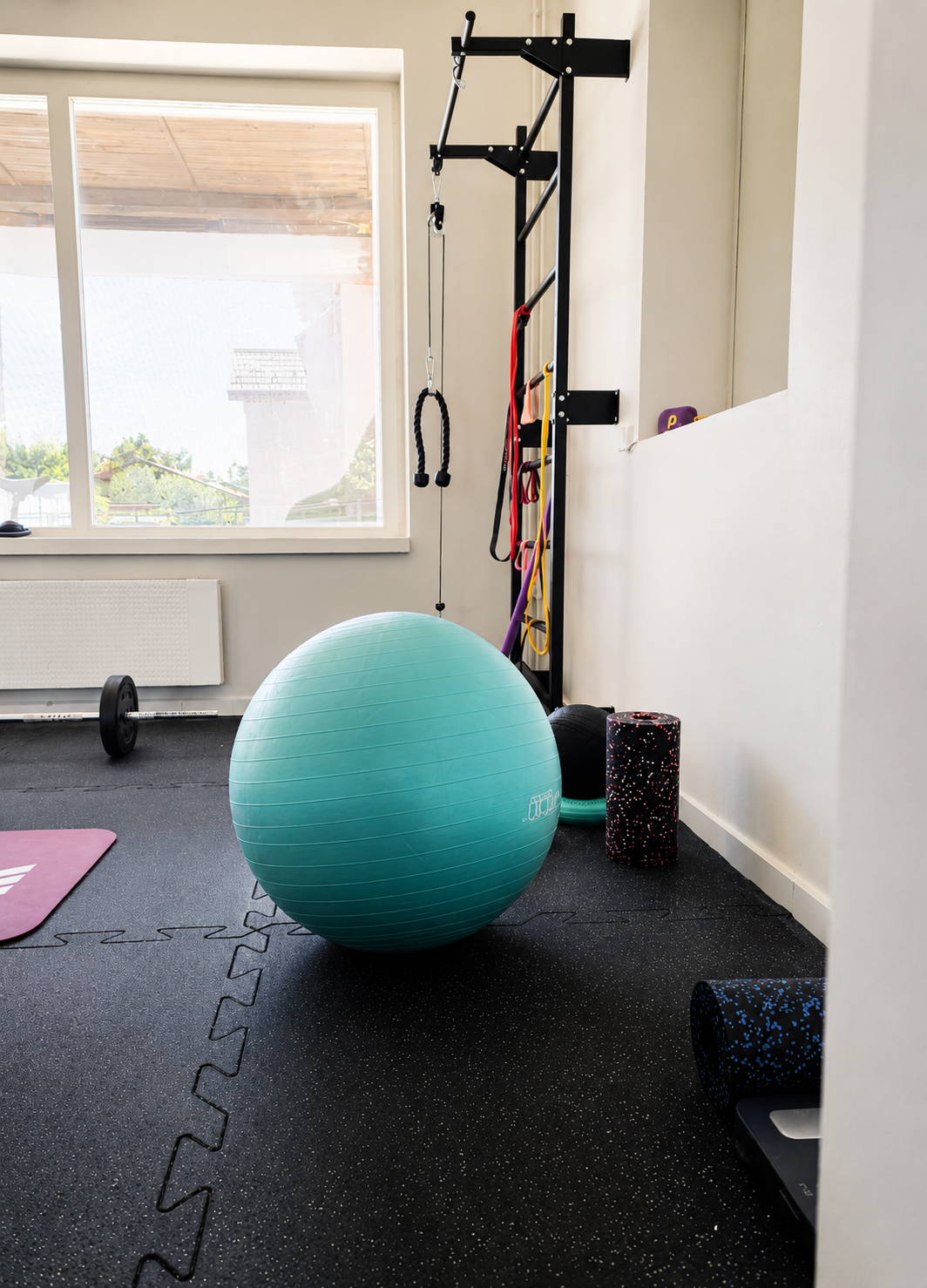 Home gym with exercise ball, foam rollers, yoga mats, dumbbell, wall-mounted pull-up bar, resistance bands, and a window with a view of outdoors.
