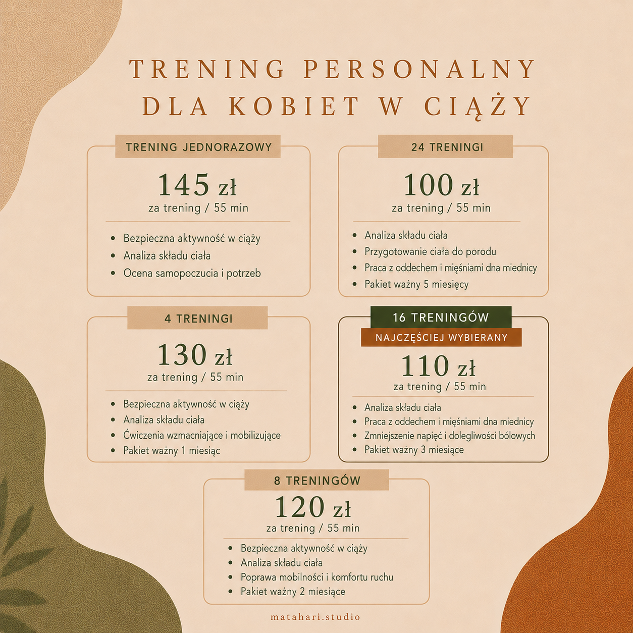 Pricing and descriptions for various pregnancy personal training packages in Polish, including options for single, 4, 8, 16 sessions, and the most popular 16-session package.