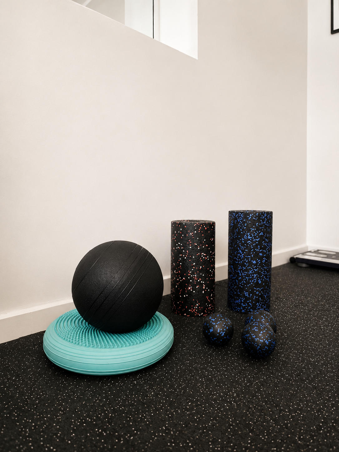 exercise equipment including a balance ball, balance pad, foam rollers with speckled pattern, and small exercise balls in a room with black speckled flooring and white walls.